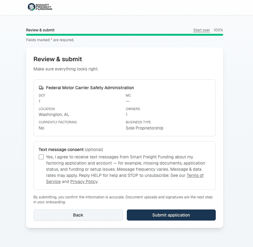 Screenshot of the Smart Freight Funding application Review and submit step showing the unchecked Text message consent checkbox and full consent disclosure.